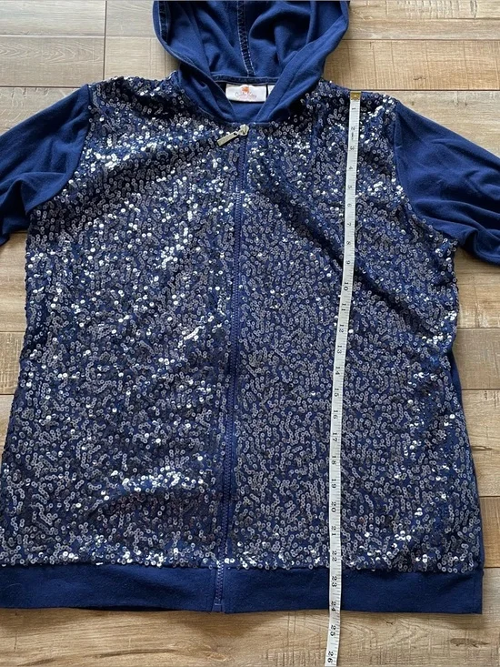 Quacker Factory women’s navy blue sequin sparkle front zip up hooded sweater - Picture 4 of 7